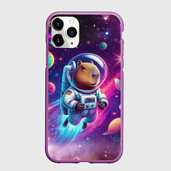 Чехол iPhone 11 Pro матовый Космонавт капибара в неоновом космосе, цвет: 3D-фиолетовый
