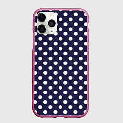 Чехол iPhone 11 Pro матовый Синий в белый горошек, цвет: 3D-малиновый