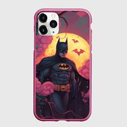 Чехол iPhone 11 Pro матовый Бэтмен и дерево с цветами, цвет: 3D-малиновый