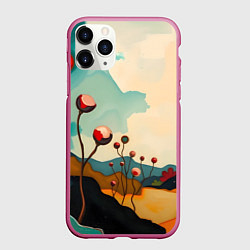 Чехол iPhone 11 Pro матовый Сюрреалистичный пейзаж с цветами, цвет: 3D-малиновый