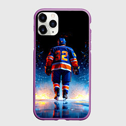 Чехол iPhone 11 Pro матовый Хоккеист в синем пламени, цвет: 3D-фиолетовый