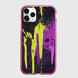 Чехол iPhone 11 Pro матовый Желтая и фиолетовая краска на черном, цвет: 3D-малиновый
