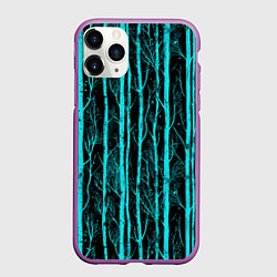Чехол iPhone 11 Pro матовый Бирюзовые полоски-деревья на темном фоне - паттерн