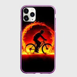 Чехол iPhone 11 Pro матовый Трековый велосипедист в огне, цвет: 3D-фиолетовый