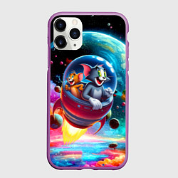 Чехол iPhone 11 Pro матовый Том и Джерри летят в ракете - нейроарт, цвет: 3D-фиолетовый