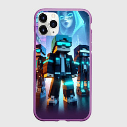 Чехол iPhone 11 Pro матовый Minecraft - neon metropolis ai art, цвет: 3D-фиолетовый