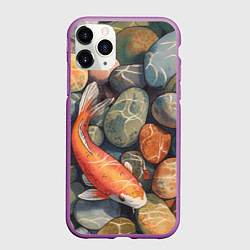 Чехол iPhone 11 Pro матовый Акварельный Кои карп и камушки галька, цвет: 3D-фиолетовый