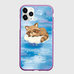 Чехол iPhone 11 Pro матовый Милый енот спит на облаке, цвет: 3D-фиолетовый