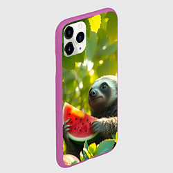 Чехол iPhone 11 Pro матовый Ленивец с арбузом среди зелени, цвет: 3D-фиолетовый — фото 2