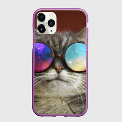 Чехол iPhone 11 Pro матовый A Cat with multicolored glasses, цвет: 3D-фиолетовый