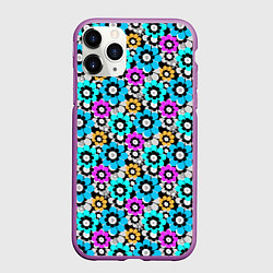 Чехол iPhone 11 Pro матовый Разноцветные цветы бирюзовые малиновые синие, цвет: 3D-фиолетовый