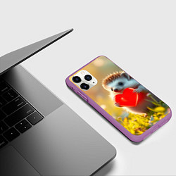 Чехол iPhone 11 Pro матовый Ежик с сердечком в лесу, цвет: 3D-фиолетовый — фото 2