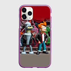 Чехол iPhone 11 Pro матовый Bender bending robot and Fry - ai art graffiti