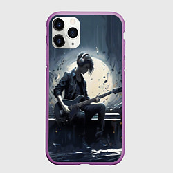 Чехол iPhone 11 Pro матовый Играющий на гитаре в свете Луны музыкант, цвет: 3D-фиолетовый