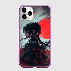 Чехол iPhone 11 Pro матовый Девушка самурай и красное солнце, цвет: 3D-фиолетовый