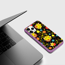 Чехол iPhone 11 Pro матовый Хохлома узор, цвет: 3D-фиолетовый — фото 2