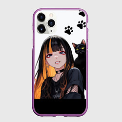 Чехол iPhone 11 Pro матовый Девушка и кот, цвет: 3D-фиолетовый