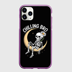 Чехол iPhone 11 Pro матовый Скелет с ромашкой сидит на полумесяце, цвет: 3D-фиолетовый