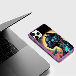 Чехол iPhone 11 Pro матовый Девушка-кошка арт нуво и киберпанк коллаба, цвет: 3D-фиолетовый — фото 2