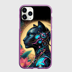 Чехол iPhone 11 Pro матовый Девушка-кошка арт нуво и киберпанк коллаба, цвет: 3D-фиолетовый