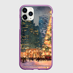 Чехол iPhone 11 Pro матовый Москва - сити и новогодняя елка, цвет: 3D-фиолетовый