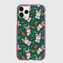 Чехол iPhone 11 Pro матовый Новогодние зайчики, цвет: 3D-фиолетовый