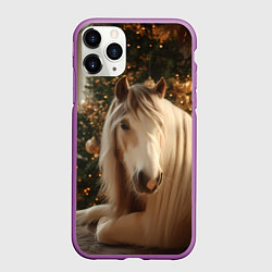 Чехол iPhone 11 Pro матовый Белая лошадка лежит у новогодней елки, цвет: 3D-фиолетовый