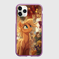 Чехол iPhone 11 Pro матовый Милая лошадка любуется елкой, цвет: 3D-фиолетовый