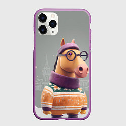 Чехол iPhone 11 Pro матовый Новогодняя лошадка хипстер, цвет: 3D-фиолетовый