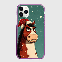 Чехол iPhone 11 Pro матовый Новогодняя лошадь на фоне снегопада