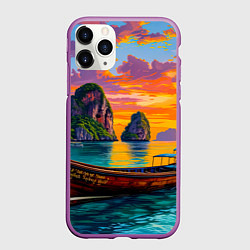 Чехол iPhone 11 Pro матовый Тропический закат у скал, цвет: 3D-фиолетовый