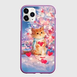 Чехол iPhone 11 Pro матовый Милый котенок и новогодняя елка