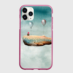 Чехол iPhone 11 Pro матовый Летящий кит, цвет: 3D-малиновый