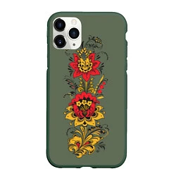 Чехол iPhone 11 Pro матовый Хохлома: цветы, цвет: 3D-темно-зеленый