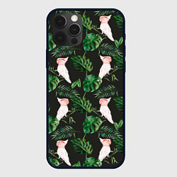 Чехол для iPhone 12 Pro Max Белые попугаи и листья, цвет: 3D-черный