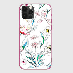 Чехол для iPhone 12 Pro Max Цветы Нарисованные, цвет: 3D-малиновый