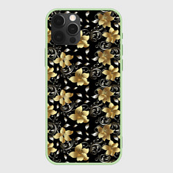 Чехол iPhone 12 Pro Max Золотые цветы на черном фоне