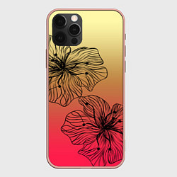 Чехол для iPhone 12 Pro Max Черные абстрактные цветы на красно-желтом градиент, цвет: 3D-светло-розовый
