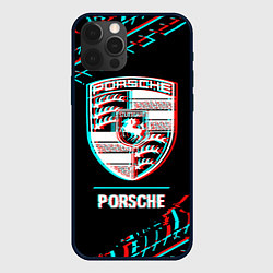 Чехол для iPhone 12 Pro Max Значок Porsche в стиле Glitch на темном фоне, цвет: 3D-черный