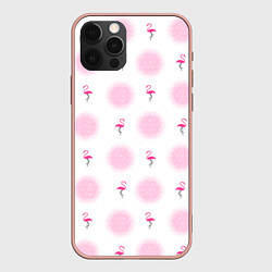 Чехол для iPhone 12 Pro Max Фламинго и круги на белом фоне, цвет: 3D-светло-розовый