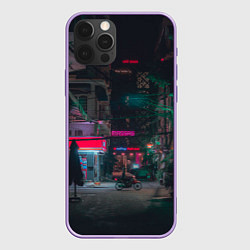 Чехол для iPhone 12 Pro Max Неоновый мрачный город - Тёмно-зелёный, цвет: 3D-сиреневый