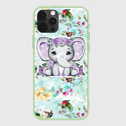 Чехол для iPhone 12 Pro Max Милая слониха в цветах, цвет: 3D-салатовый
