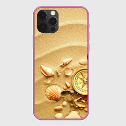 Чехол для iPhone 12 Pro Max Композиция из ракушек и компаса на песке, цвет: 3D-малиновый
