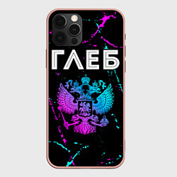 Чехол для iPhone 12 Pro Max Глеб и неоновый герб России, цвет: 3D-светло-розовый