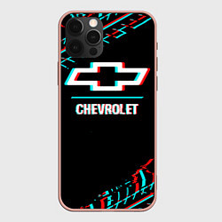 Чехол для iPhone 12 Pro Max Значок Chevrolet в стиле glitch на темном фоне, цвет: 3D-светло-розовый