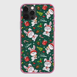 Чехол для iPhone 12 Pro Max Новогодние кролики - паттерн, цвет: 3D-малиновый