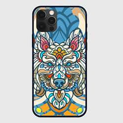 Чехол для iPhone 12 Pro Max Волк в узорах на нежном цветочном фоне, цвет: 3D-черный