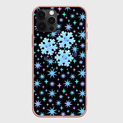 Чехол для iPhone 12 Pro Max Снежинки в ночном небе с цветными звездами, цвет: 3D-светло-розовый