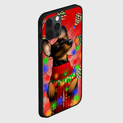 Чехол для iPhone 12 Pro Max Новогодняя такса на красном фоне с ёлками, цвет: 3D-черный — фото 2