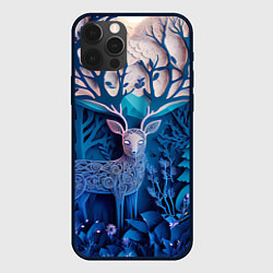 Чехол для iPhone 12 Pro Max Объемная иллюстрация из бумаги лес и олень на сине, цвет: 3D-черный